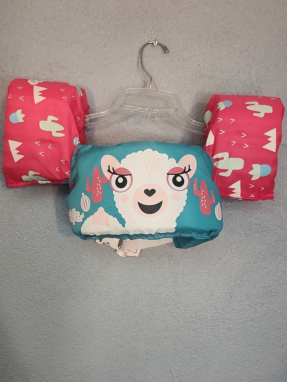 Kids Float Vest with Pink Arm Bands and Teal Llama Design